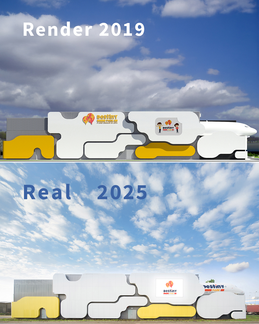 Destiny Park, NBC/ARHITECT: randare 2019 comparată cu clădirea construită în 2025